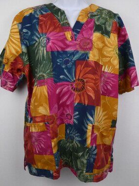 Barco Scrub Top Womens Medium Floral Multicolor V Neck Short Sleeve Two Pockets